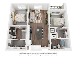 A 3D floor plan of a small apartment with a kitchen, living room, and bedroom.