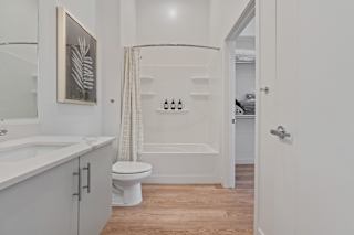 A white bathroom with a toilet, sink, and shower.