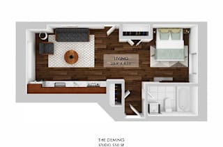 A floor plan of a living room with a kitchen area and a bathroom.