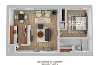 A 1 bedroom apartment layout at The District @ Sheridan.