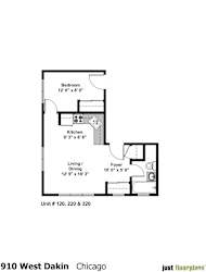 A floor plan for an apartment at 910 West Dakin Chicago shows a living and dining area, a kitchen, and a bedroom.