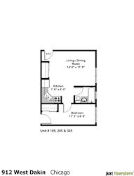 A floor plan for an apartment at 912 West Dakin Chicago shows a living/dining room, a kitchen, and a bedroom.