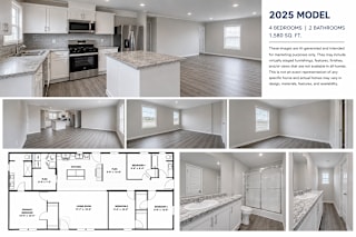 A 2025 model home with 4 bedrooms and 2 bathrooms is showcased in this image.