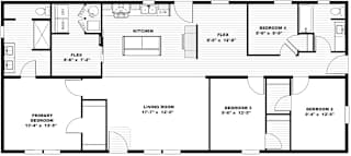 A black and white image of a house floor plan with a kitchen, living room, and three bedrooms.
