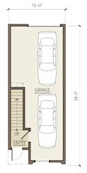 A drawing of a garage with two parking spaces and an up entry.