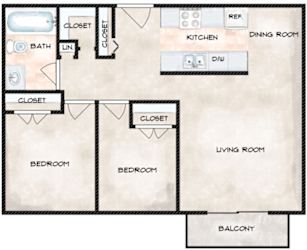 A floor plan of a house with two bedrooms, a living room, a kitchen, a dining room, a bathroom, and a balcony.