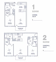 Two floor plans for a 785 square foot and a 990 square foot home.