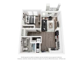 A 3D floor plan of a small apartment with a kitchen, living room, and bathroom.
