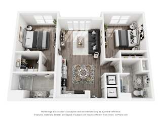 A 3D floor plan of a house with a kitchen, living room, and bathroom.
