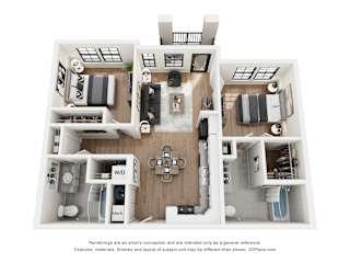 A 3D floor plan of a house with a kitchen, living room, and bathroom.