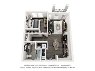 A 3D floor plan of a small apartment with a kitchen, living room, and bathroom.