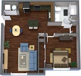 A 3D floor plan of a small apartment with a living room, kitchen, and bedroom.