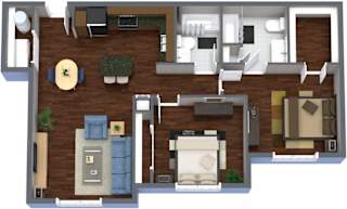 A 3D floor plan of a house with a living room, kitchen, dining room, and bedrooms.
