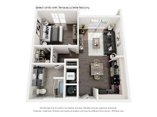 A floor plan of a unit with a terrace and juliette balcony.