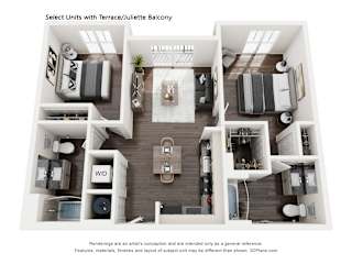 A 3D floor plan of a unit with a terrace/juliette balcony.