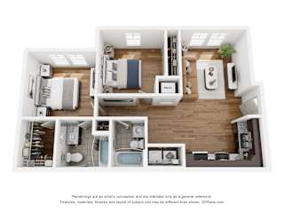 A 3D floor plan of a small apartment with a kitchen, living room, and bathroom.