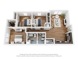 A 3D floor plan of a house with a kitchen, living room, and bathroom.