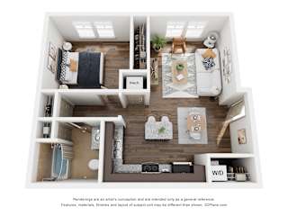 a 1 bedroom floorplan is shown in this rendering