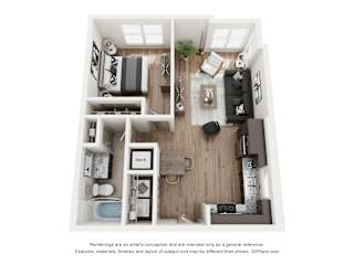 A 3D floor plan of a small apartment with a kitchen, living room, and bathroom.