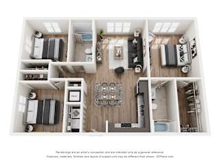 A 3D floor plan of a house with multiple rooms and furniture.