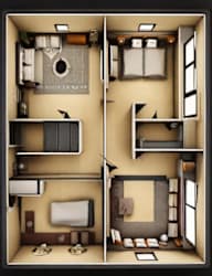 A 3D floor plan of a small apartment with two bedrooms, a bathroom, and a kitchen.