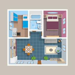 A cartoon style drawing of a house with a kitchen, living room, and bathroom.