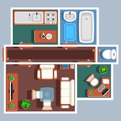 A top-down view of a small apartment with a kitchen, living room, and bathroom.