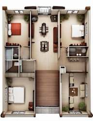 A 3D floor plan of a small apartment with a kitchen, living room, and bathroom.