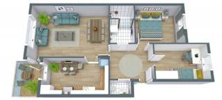 A floor plan of a two-bedroom apartment with a living room, kitchen, and bathroom.