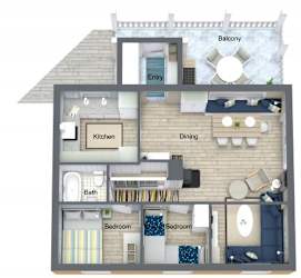 A 3D rendered image of a house layout with labeled rooms.