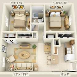 A diagram shows the layout of a small apartment with two bedrooms, a living room, a kitchen, and a bathroom.
