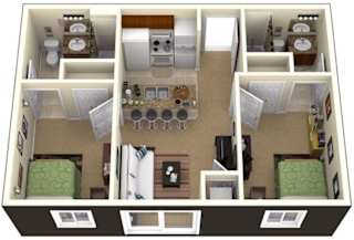 A 3D floor plan of a small apartment with two bedrooms, a living room, a kitchen, and a bathroom.