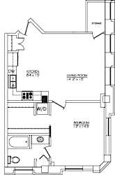 A floor plan of a home with a living room, dining room, kitchen, and bedroom.