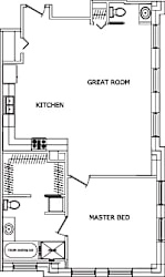A floor plan of a house with a great room, kitchen, and master bed.