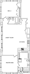 A floor plan of a house with a master bedroom, a great room, and a kitchen.