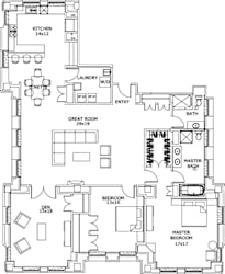 A floor plan of a house with a kitchen, laundry room, and multiple bathrooms.