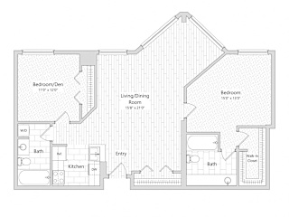 Sunrise - 2 Bedroom Floor Plan Layout with 2 Baths and 1,181 square feet at Skyrise Luxury Apartments in Kalamazoo, MI.