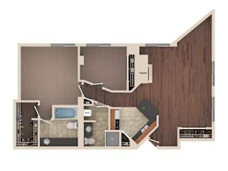 Pinnacle - 2 Bedroom Floor Plan Layout with 2 Baths and 1,177 square feet at Skyrise Luxury Apartments in Kalamazoo, MI.