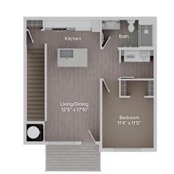 a floor plan of a studio apartment with a bedroom and a living room