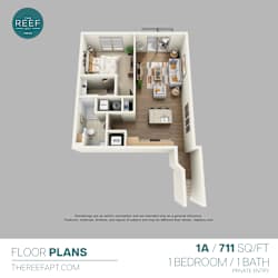 A floor plan of a 1 bedroom, 1 bathroom apartment.