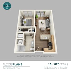 A floor plan of a 1 bedroom apartment with 1 bathroom.