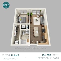 A floor plan for a 1 bedroom, 1 bathroom apartment.