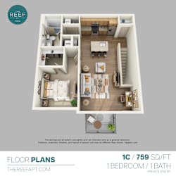 A floor plan of a 1 bedroom, 1 bathroom apartment.