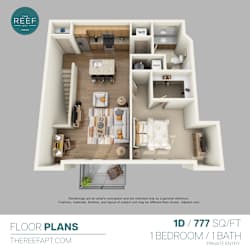 A floor plan for a 1D / 777 SQ/FT apartment with one bedroom and one bath.