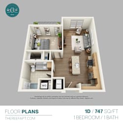 A 1D / 747 SQ/FT floor plan for a 1 bedroom / 1 bath apartment.