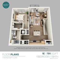 A floor plan of a 1 bedroom, 1 bathroom apartment.