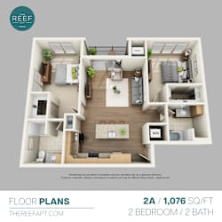 A 2 bedroom, 2 bath apartment layout from Thereefapt.com.