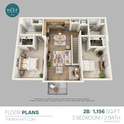 A 2 bedroom apartment with 2 bathrooms is displayed.