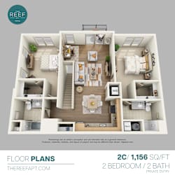 A 2 bedroom, 2 bathroom apartment with a living room, dining room, kitchen, and bathrooms.