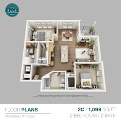 A 2 bedroom, 2 bathroom apartment layout from Thereefapt.com.